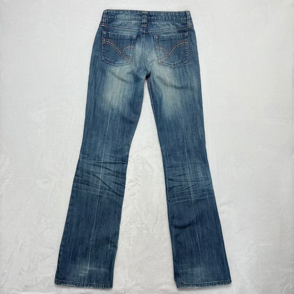Mudd Jeans Y2K Size 3 Low Rise Flare Medium Wash Distressed Denim Blue Vintage - Picture 3 of 11